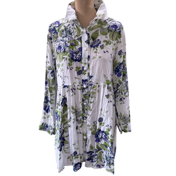 BellaRosa Dresses & Skirts - BellaRosa Lavender Green Floral Button Front Shirt Dress Tunic M/L Cottagecore